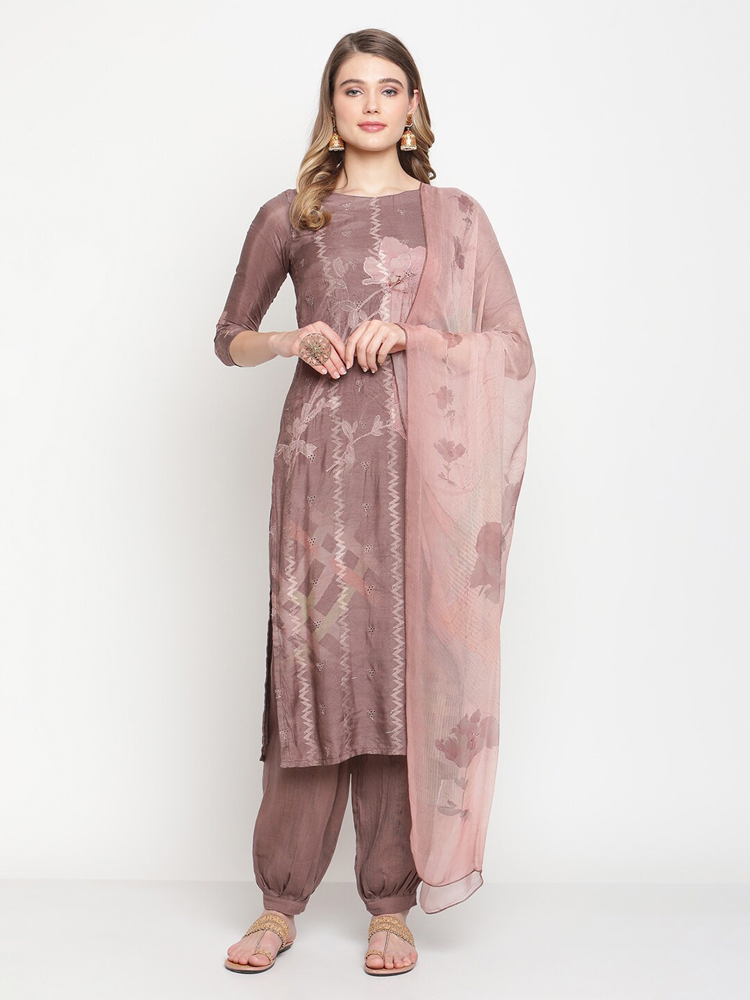 

Stylee LIFESTYLE Brown Printed Pure Cotton Unstitched Dress Material