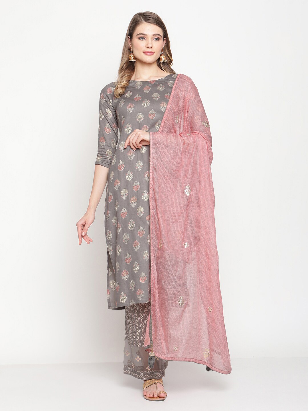 

Stylee LIFESTYLE Grey & Mauve Printed Unstitched Dress Material