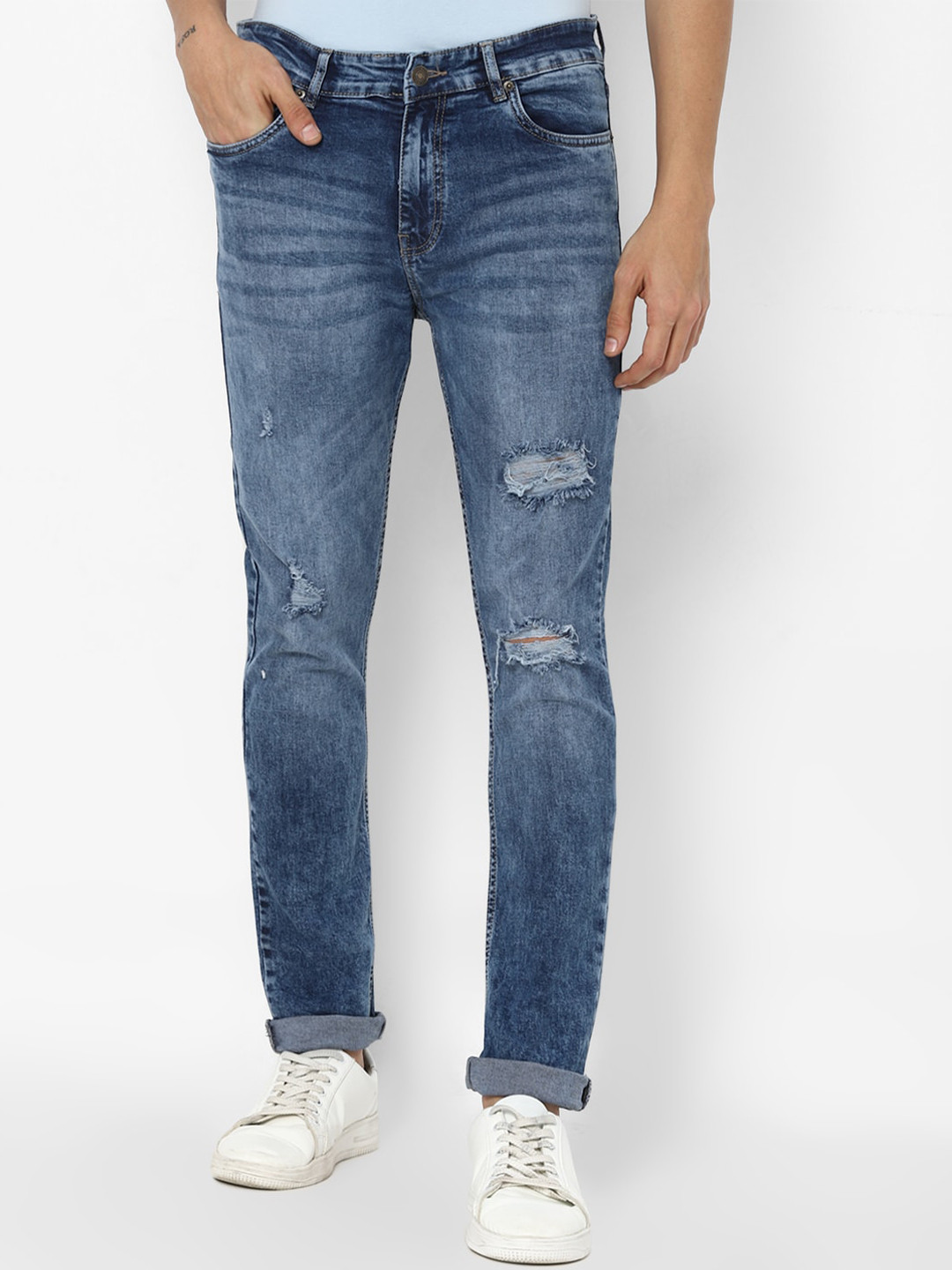 

FOREVER 21 Men Blue Mildly Distressed Heavy Fade Jeans