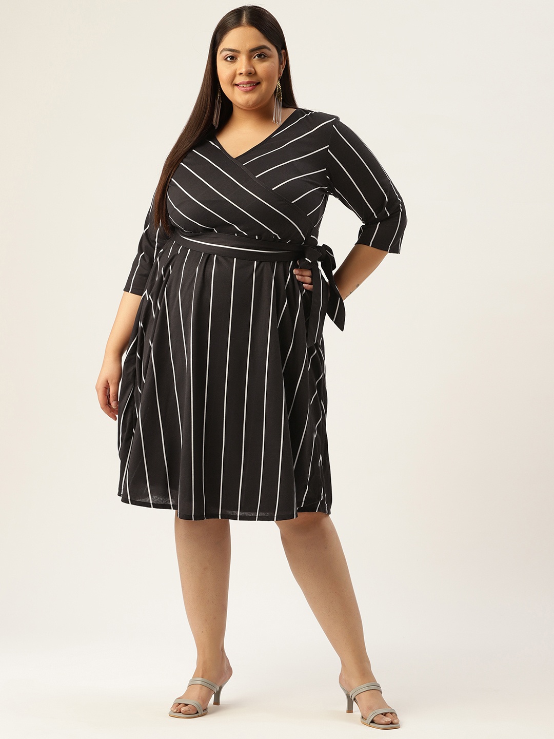 

Amydus Women Plus Size Black & White Striped Monochrome Dress