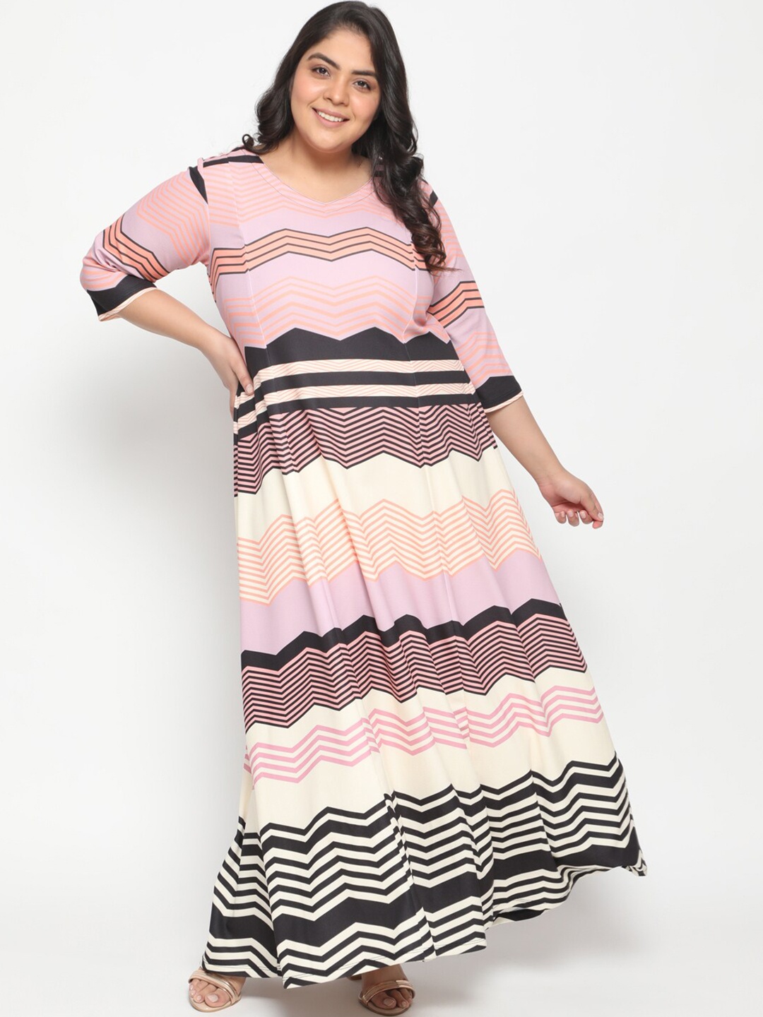 

Amydus Women Plus Size Pink & Black Chevron A-Line Dress