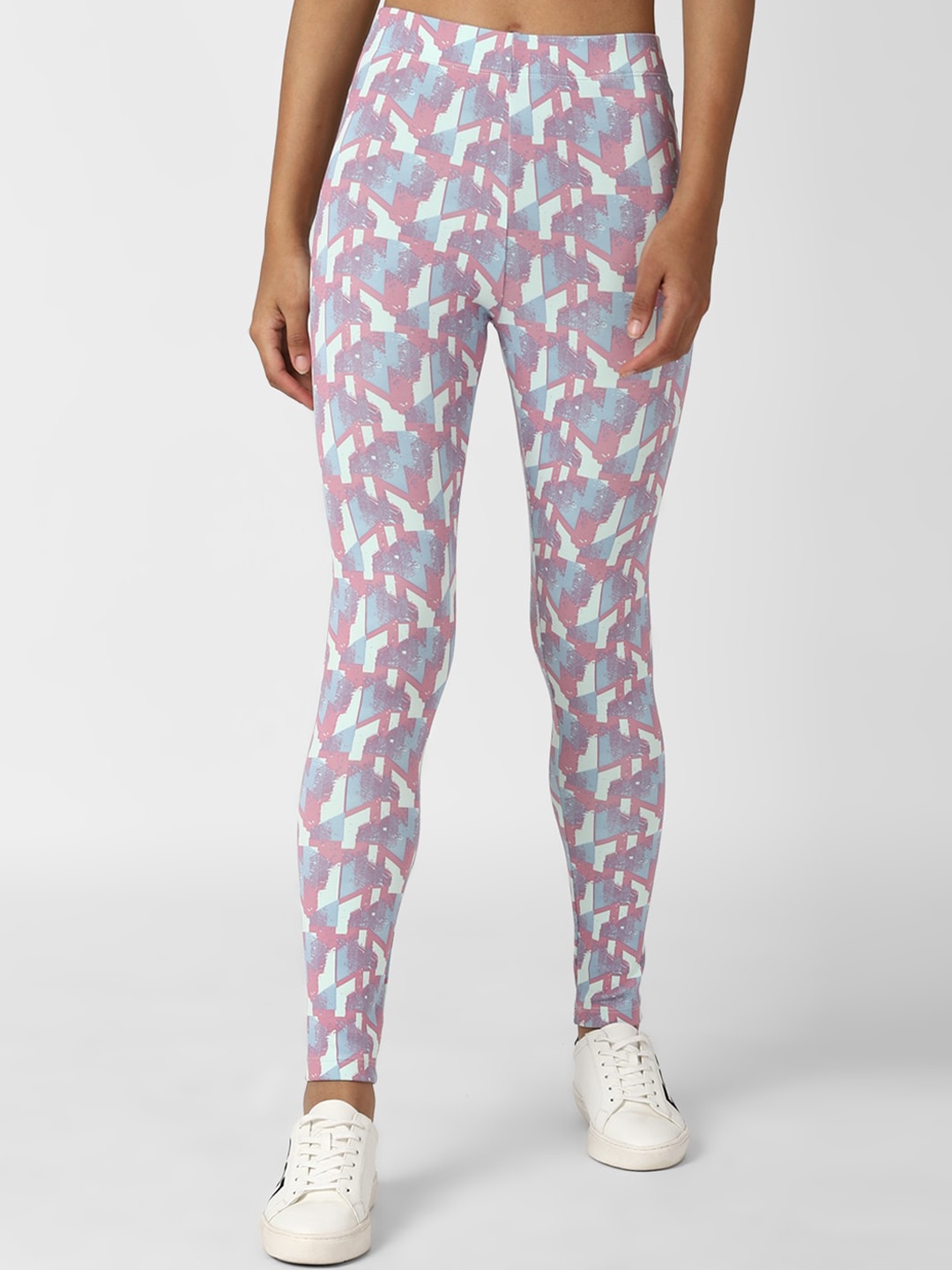 

FOREVER 21 Women Blue & Pink Geometric Print High-Rise Ankle Length Leggings