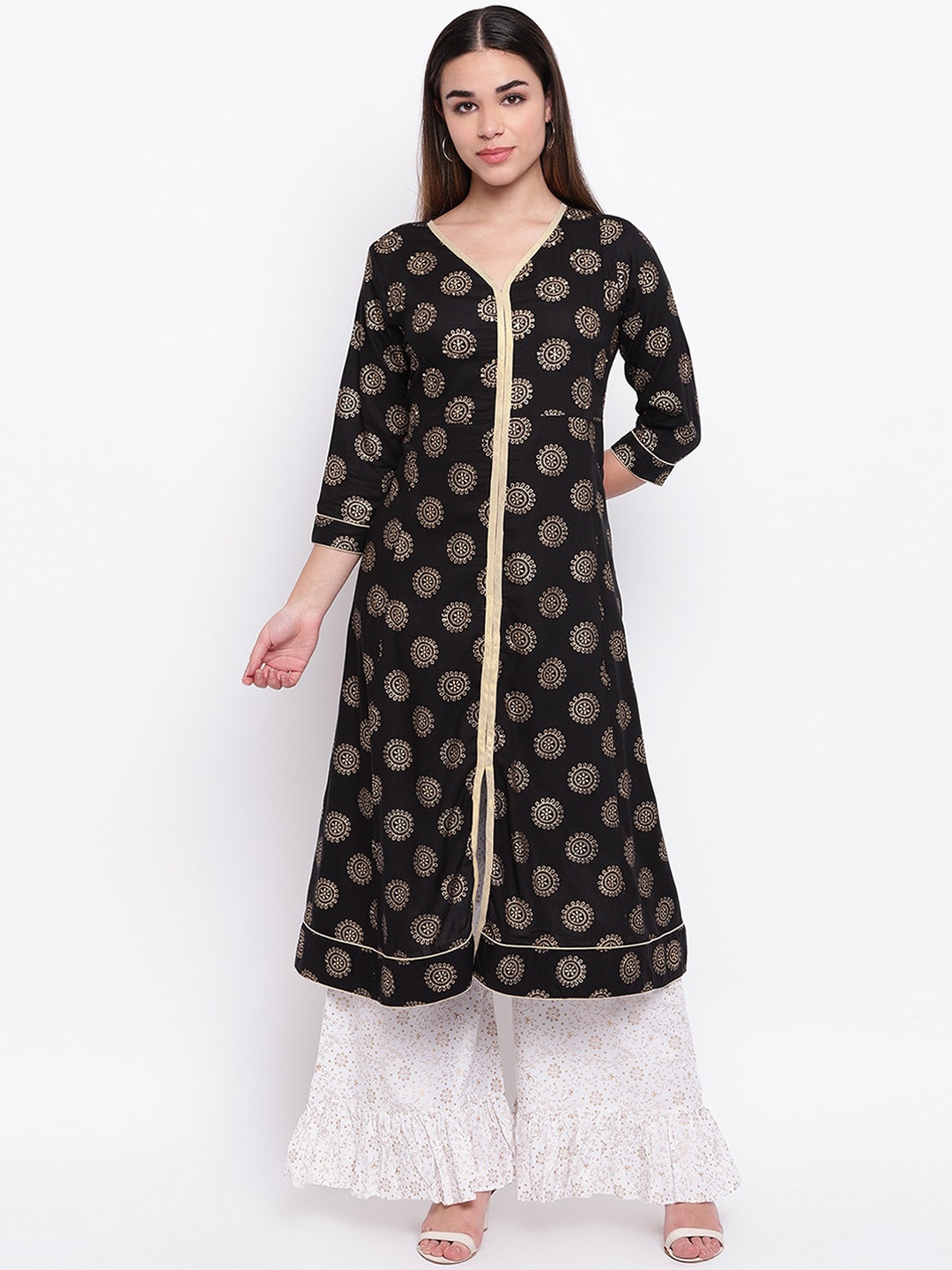 

Jaipur Morni Women Black Ethnic Motifs Printed Layered Sequinned Kurta with Palazzos