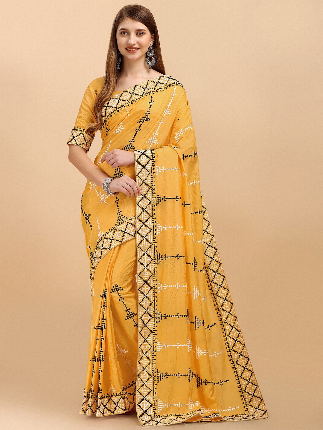 

Iris Yellow Aari Work Saree