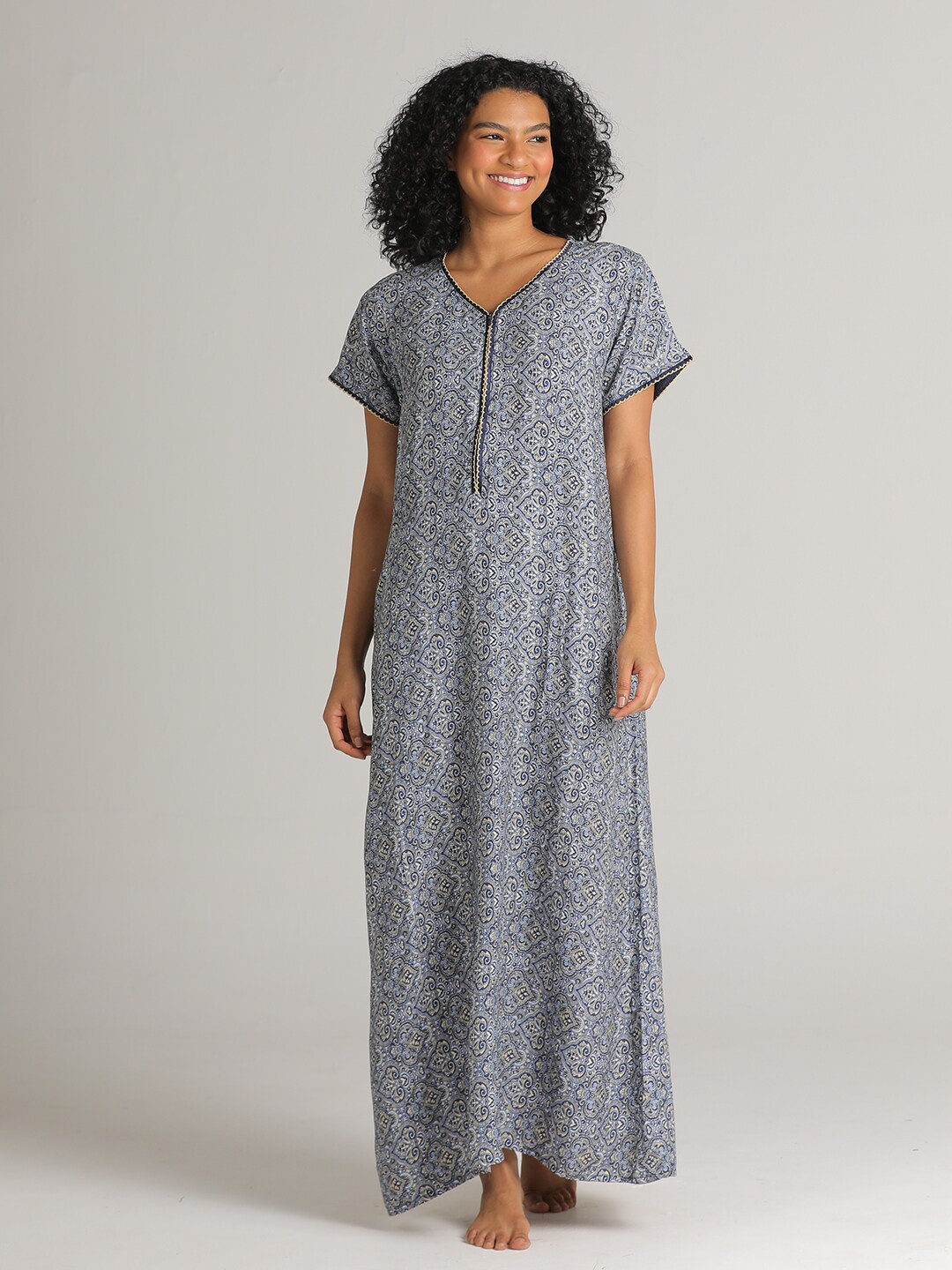 

evolove Women Blue Printed Rayon Maxi Nightdress
