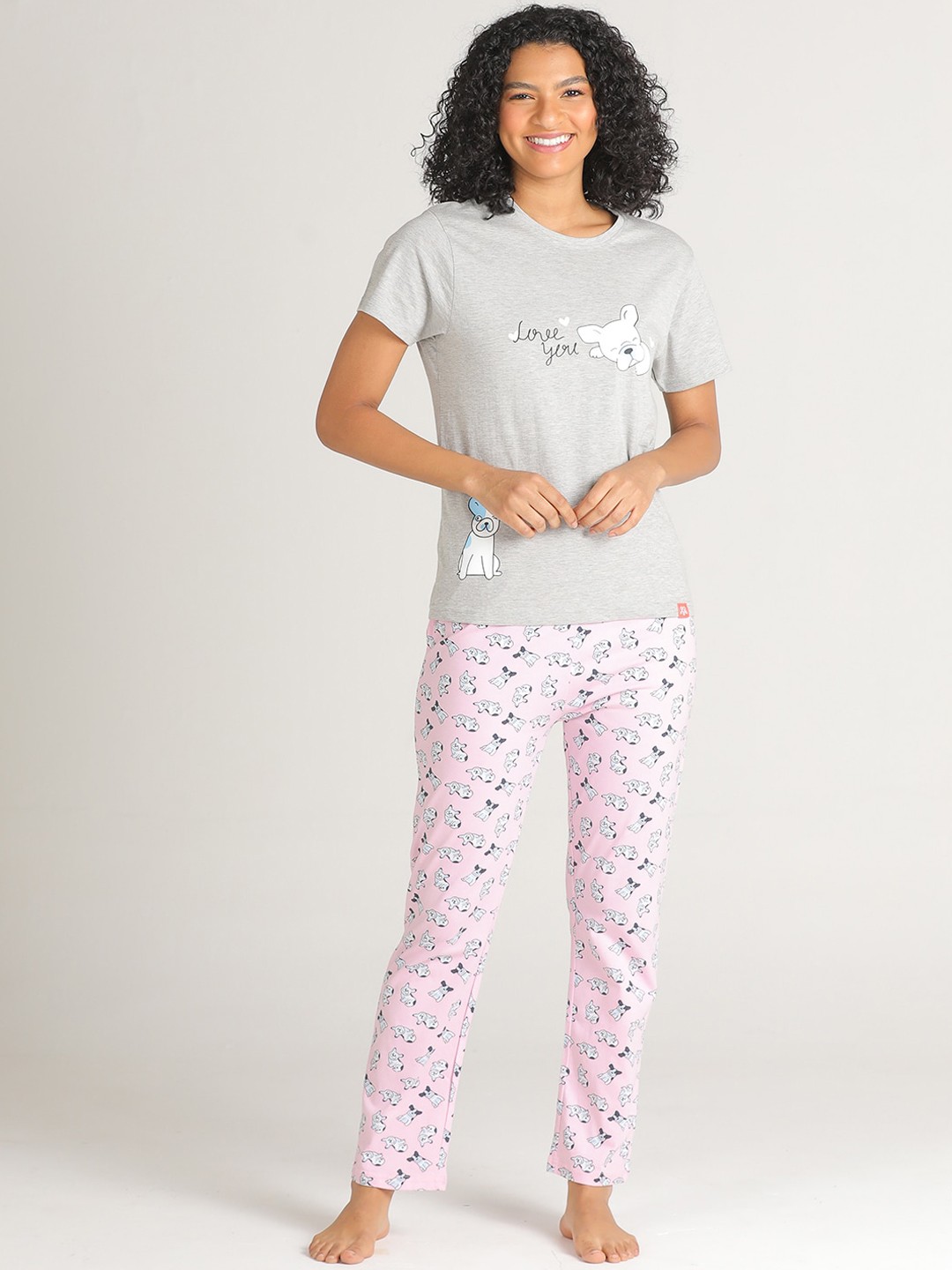 

evolove Women Grey & Pink Printed Pure Cotton Night suit