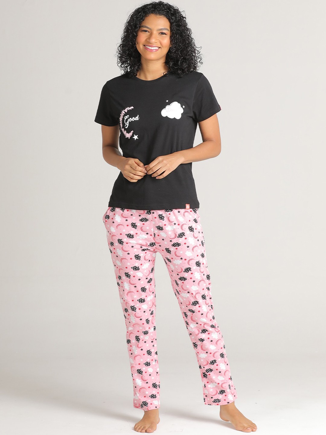

evolove Women Black & Pink Printed Pure Cotton Night suit