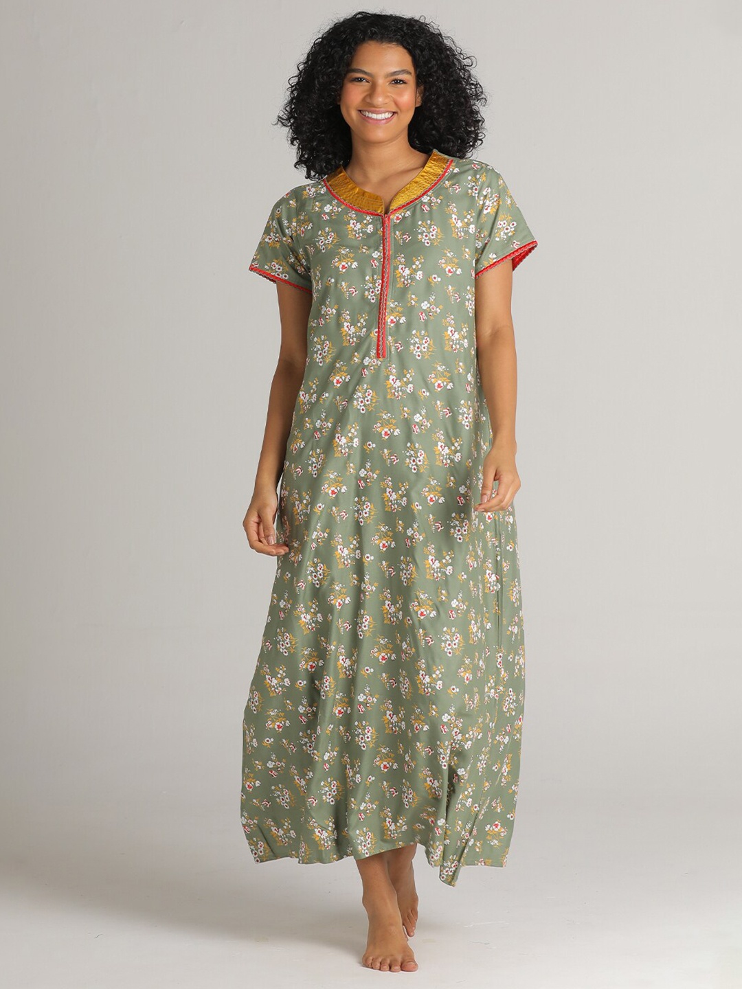 

evolove Sage Green & Yellow Floral Printed Maxi Nightdress