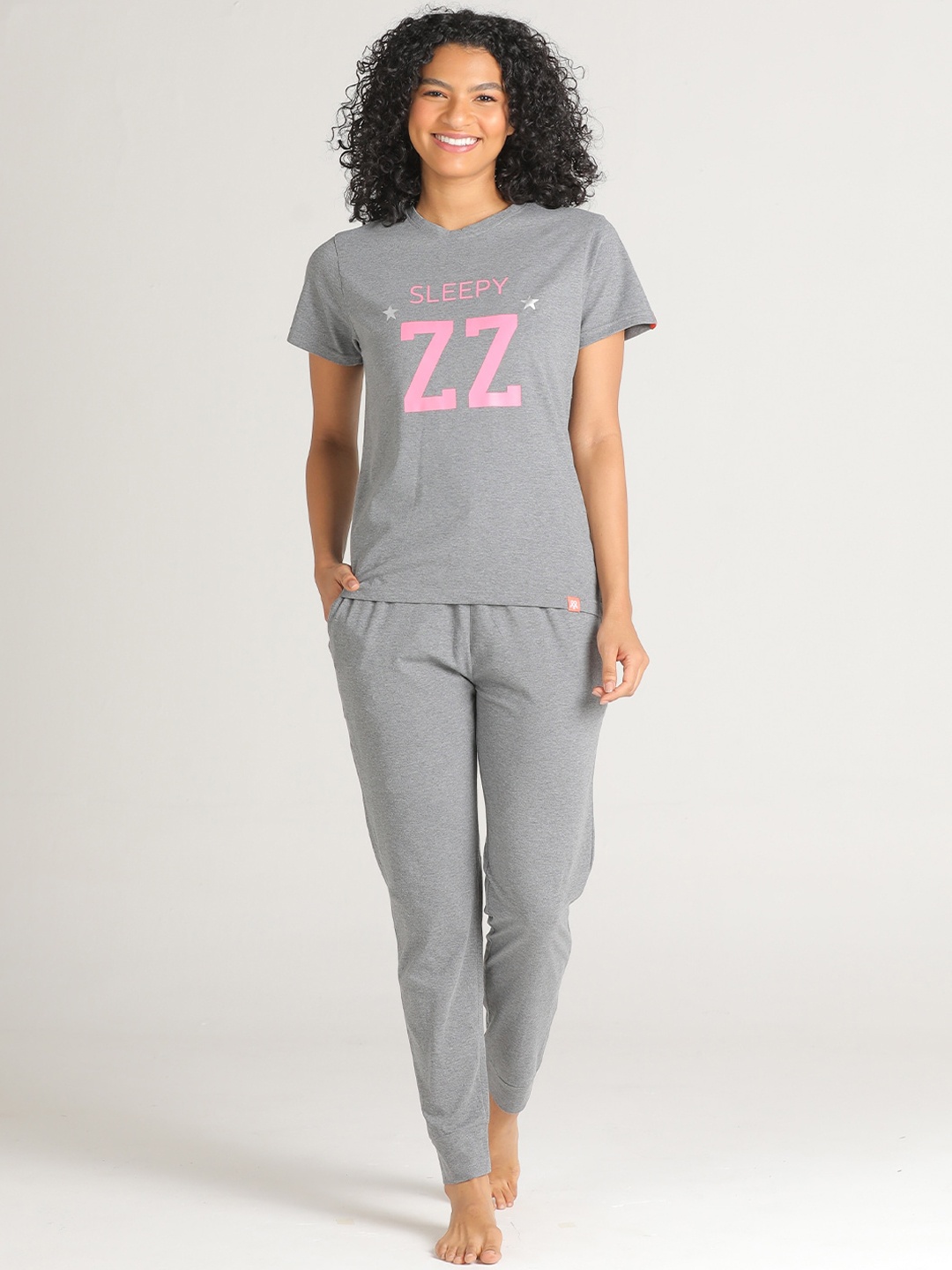

evolove Women Grey & Pink Printed Pure Cotton Night suit