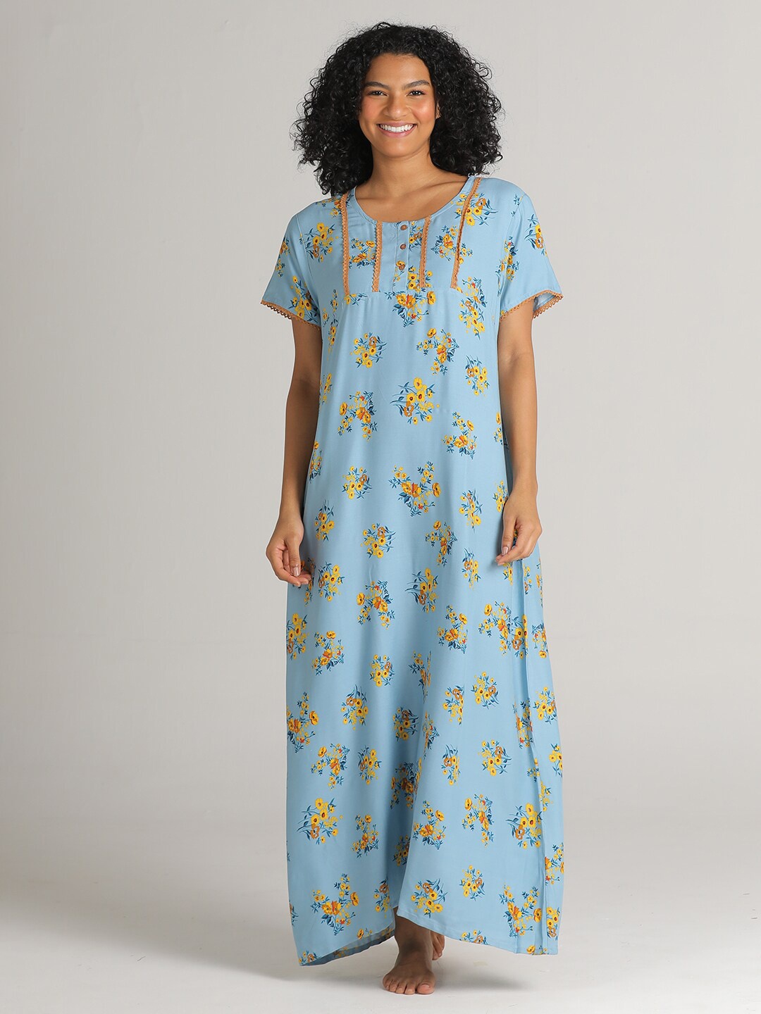 

evolove Women Blue Floral Printed Rayon Maxi Nightdress