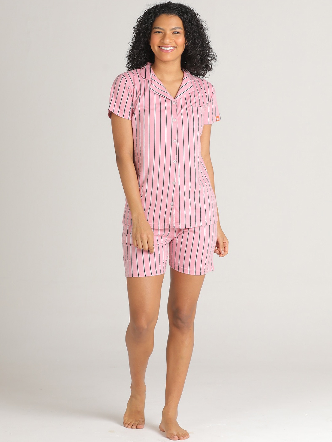 

evolove Women Pink & Black Striped Pure Cotton Night suit