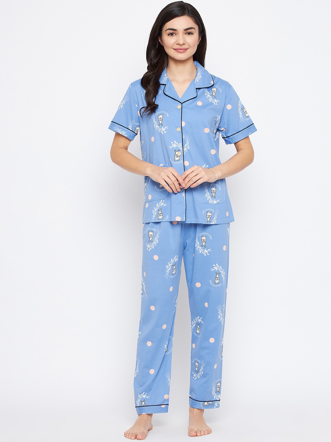 

Camey Women Blue & White Printed Night suit
