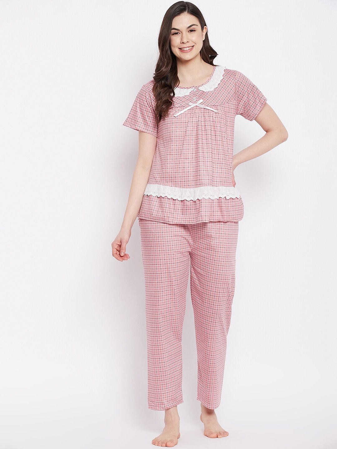 

Camey Women Pink & White Checked Night suit