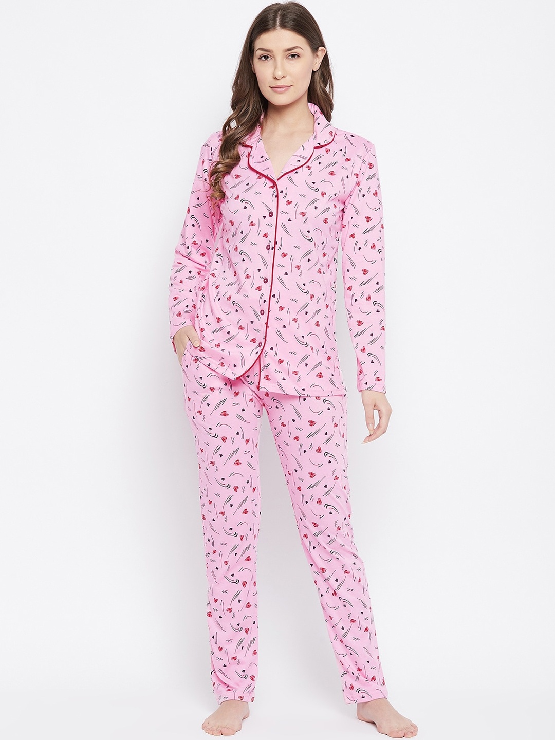 

Camey Women Pink & Red Printed Pure Cotton Night suit