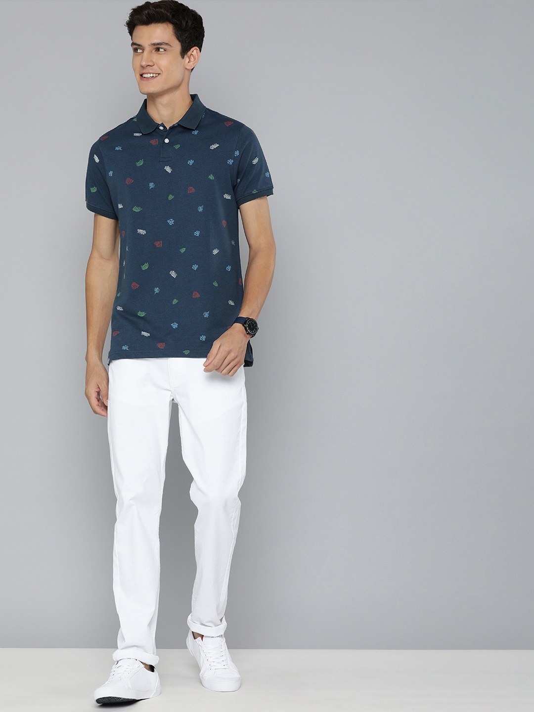 

Mast & Harbour Men Navy Blue & White Printed Polo Collar T-shirt