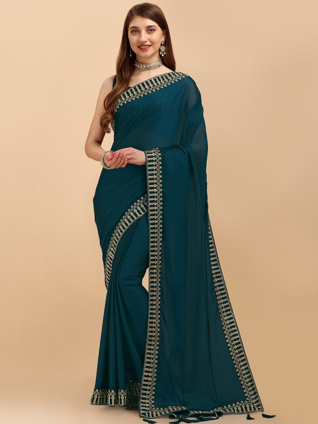 

Iris Teal & Golden Ethnic Motifs Embroidered Silk Cotton Block Print Saree