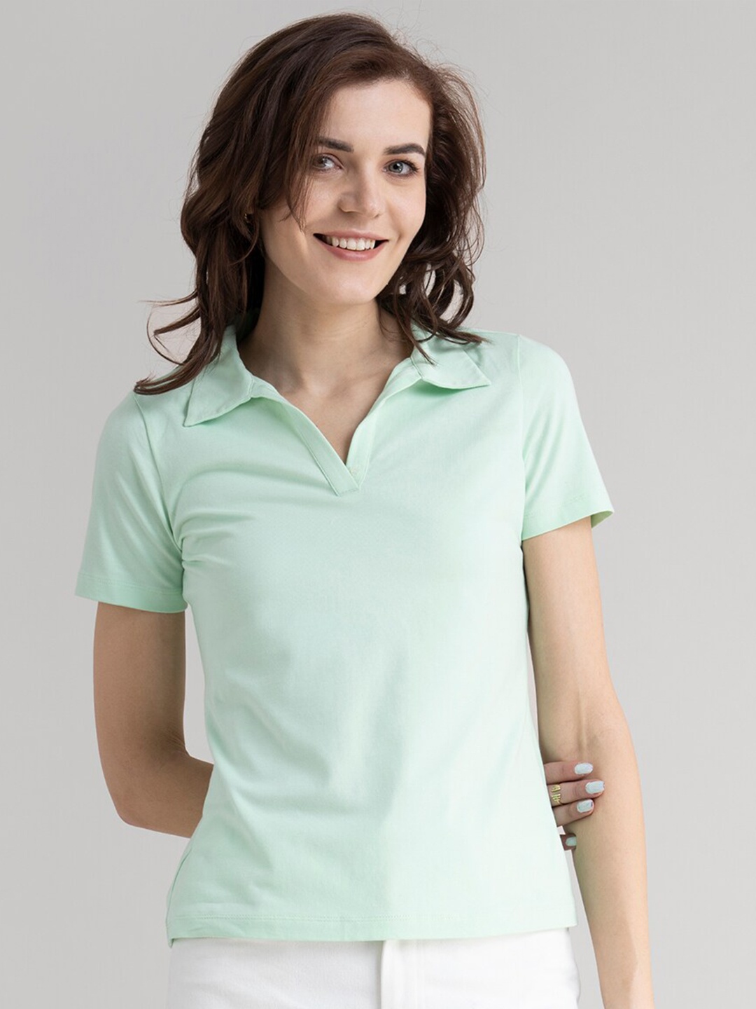 

FableStreet Women Green Polo Collar Pure Cotton T-shirt