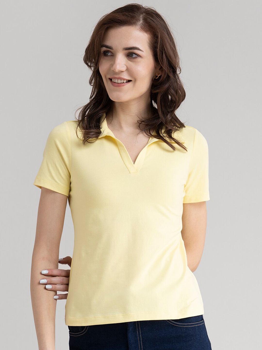 

FableStreet Women Yellow Polo Collar Pure Cotton T-shirt