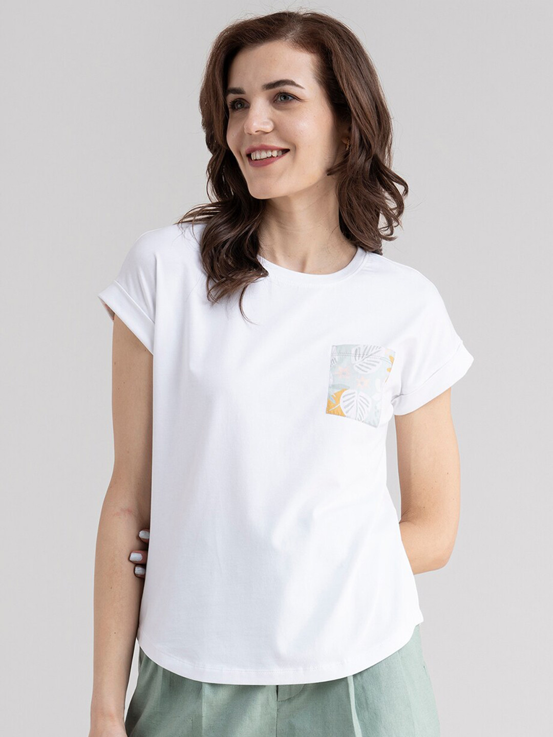 

FableStreet Women White Extended Sleeves Pure Cotton T-shirt