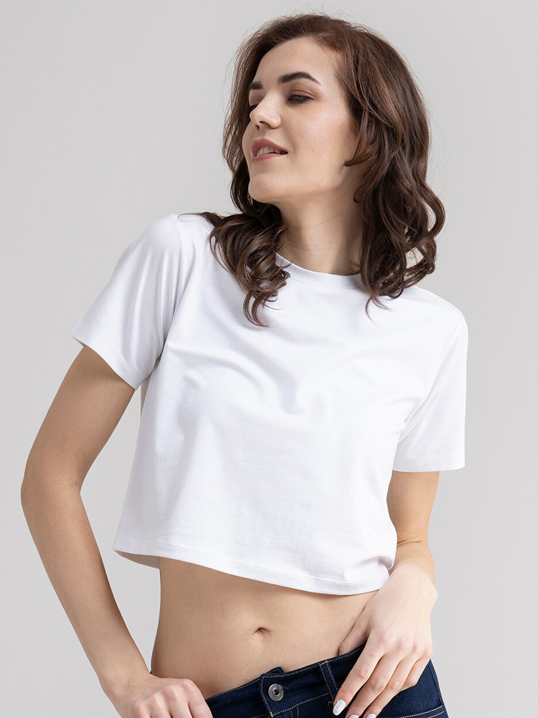 

FableStreet Women White Cotton Crop T-shirt