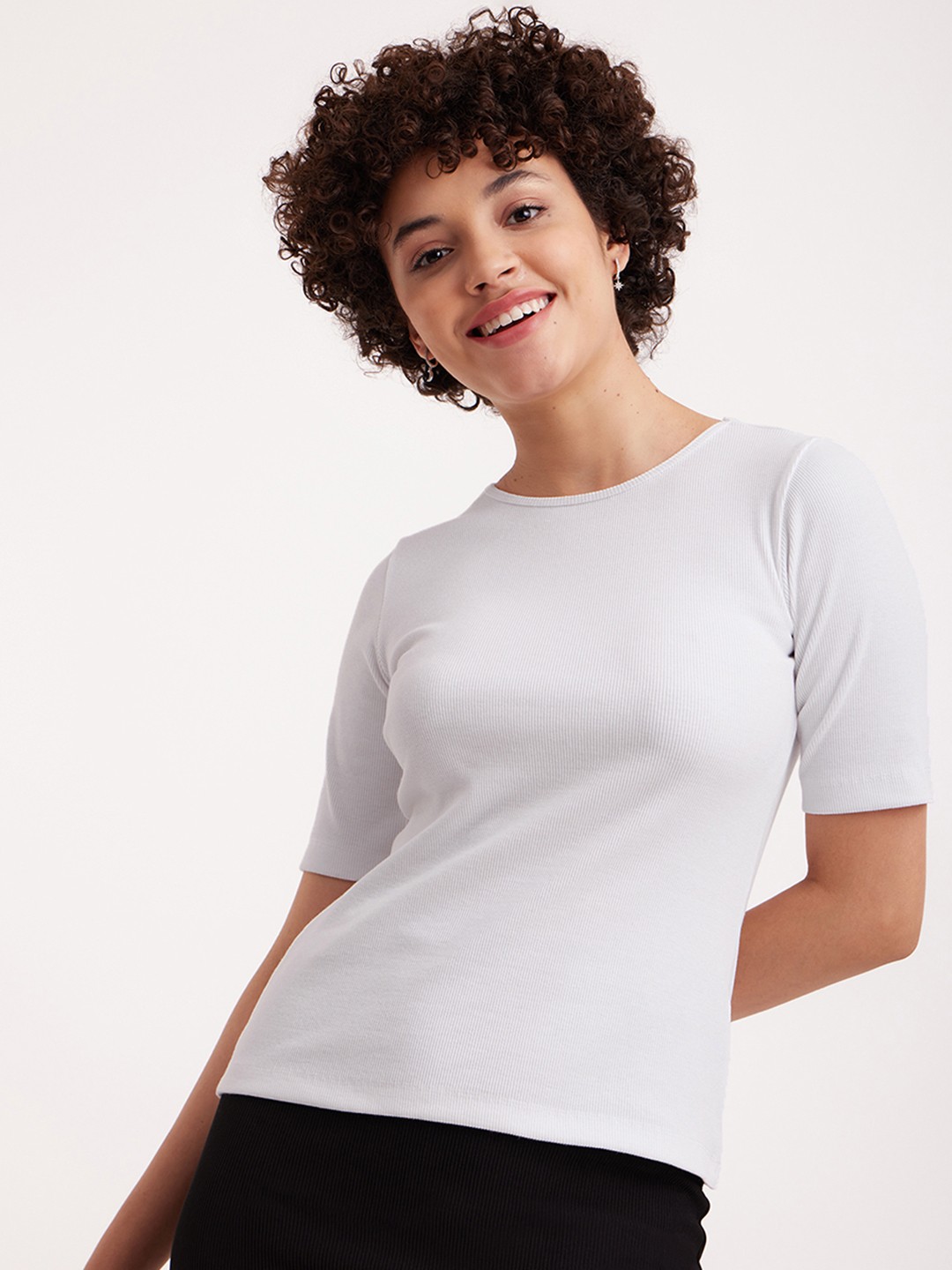 

FableStreet Women White Pure Cotton Ribbed T-shirt