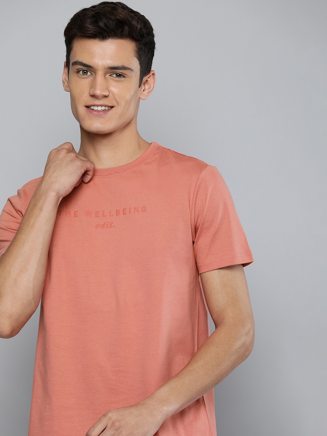 

M&H Easy Men Peach-Coloured Typography Printed Applique Pure Cotton T-shirt