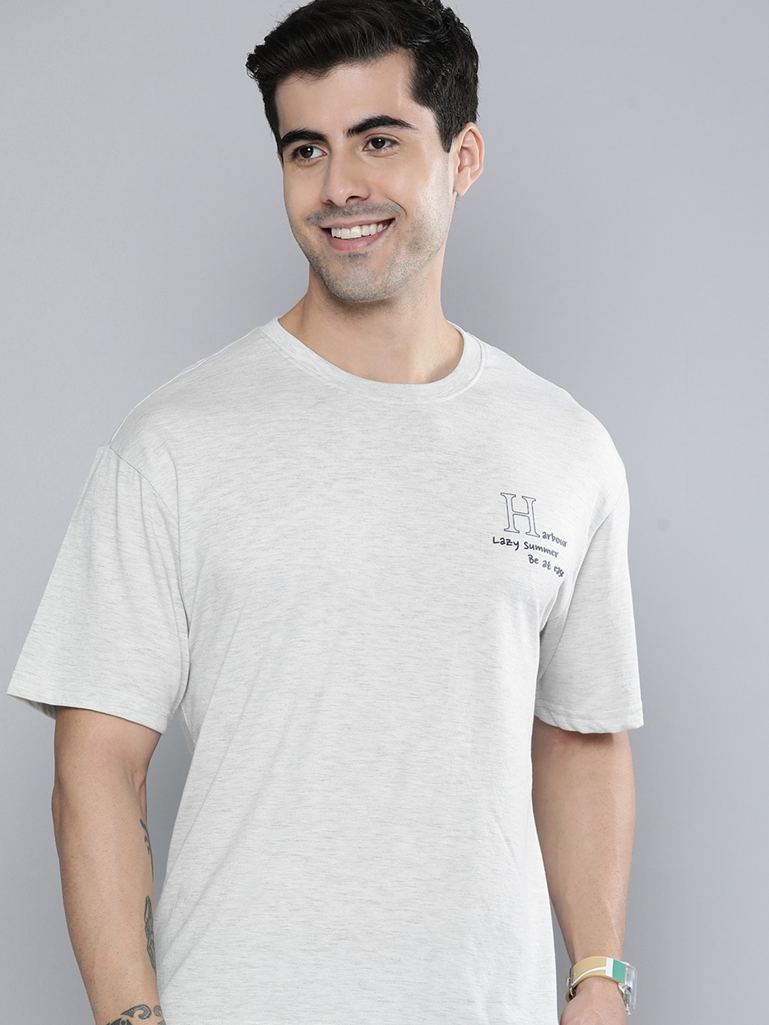 

M&H Easy Men Grey Typography Pure Cotton Printed T-shirt