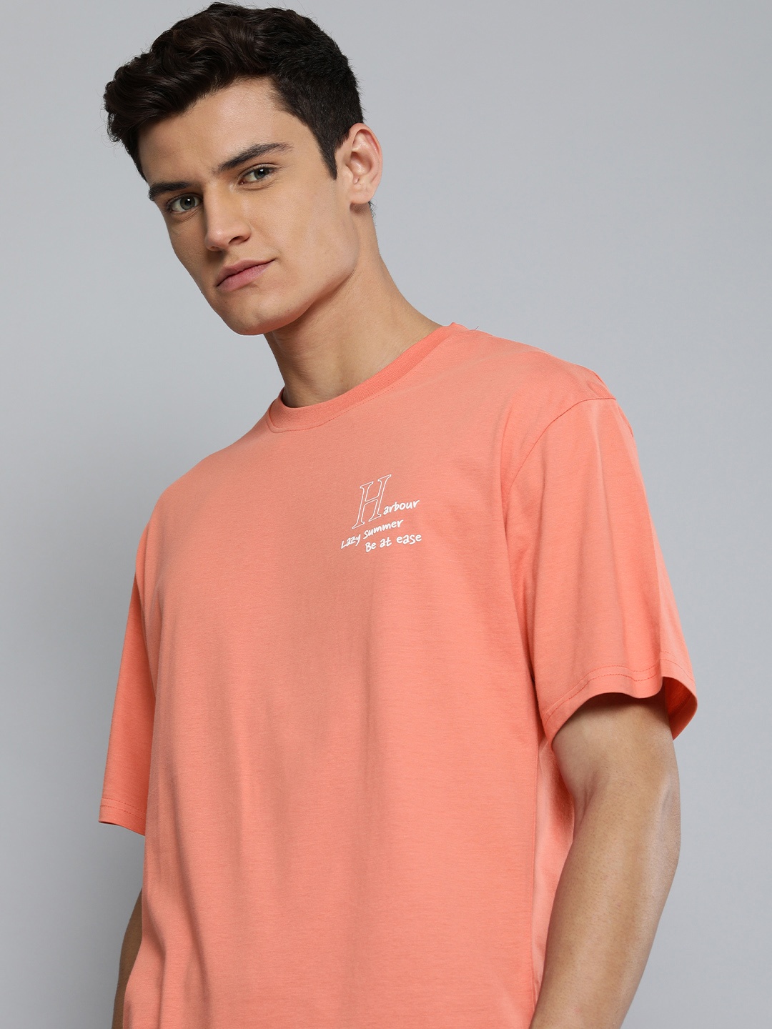 

M&H Easy Men Peach-Coloured Typography Pure Cotton Applique T-shirt