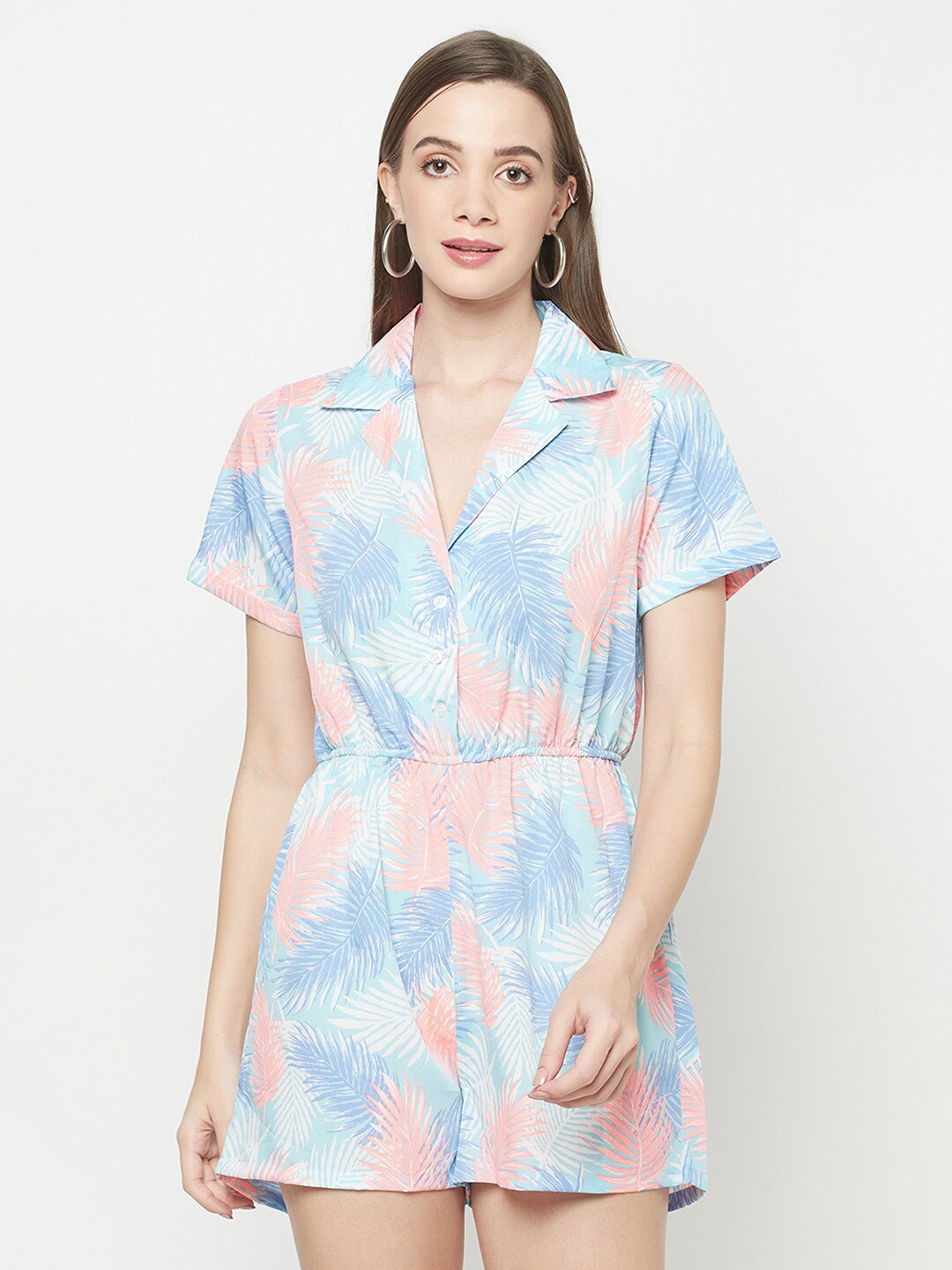 

WESTCLO Blue & Peach-Coloured Tropical Printed Playsuit