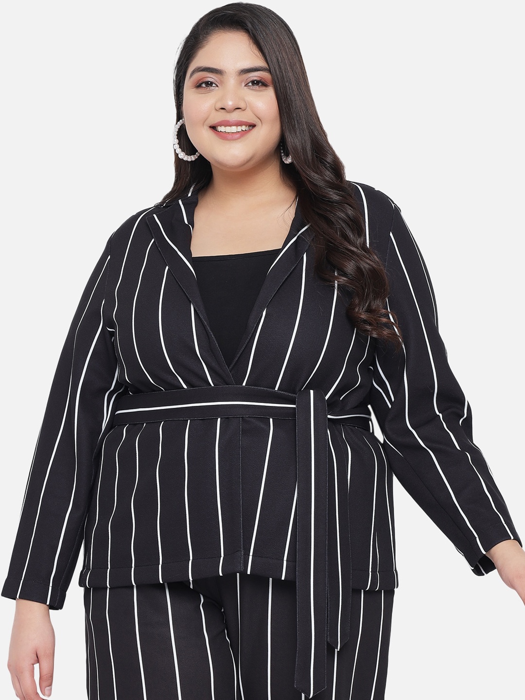 

Amydus Women Plus Size Black Striped printed Open Front Blazer