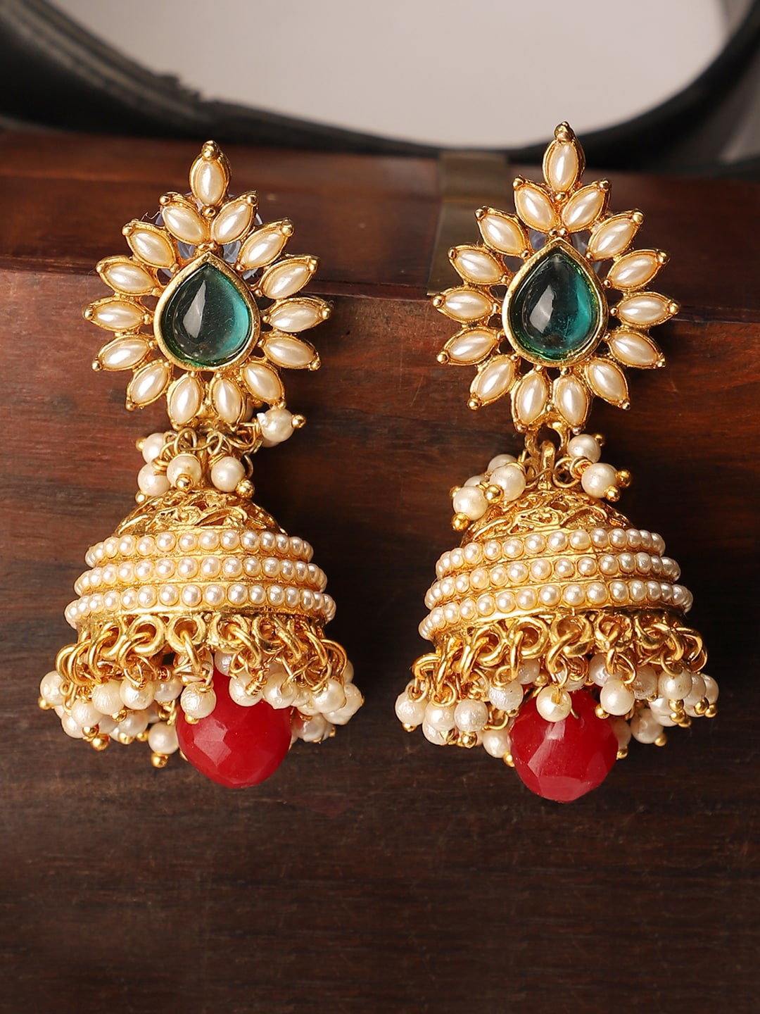 

ANIKAS CREATION Gold Plated Contemporary Jhumkas Earrings, Multi