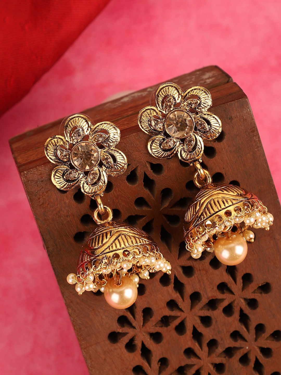 

ANIKAS CREATION Gold-Plated Stone and Pearl Contemporary Jhumkas Earrings