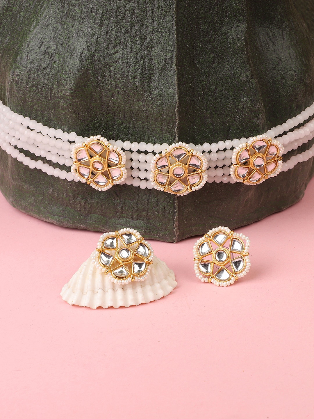 

ANIKAS CREATION Gold-Plated & White Stones-Studded Jewellery Set