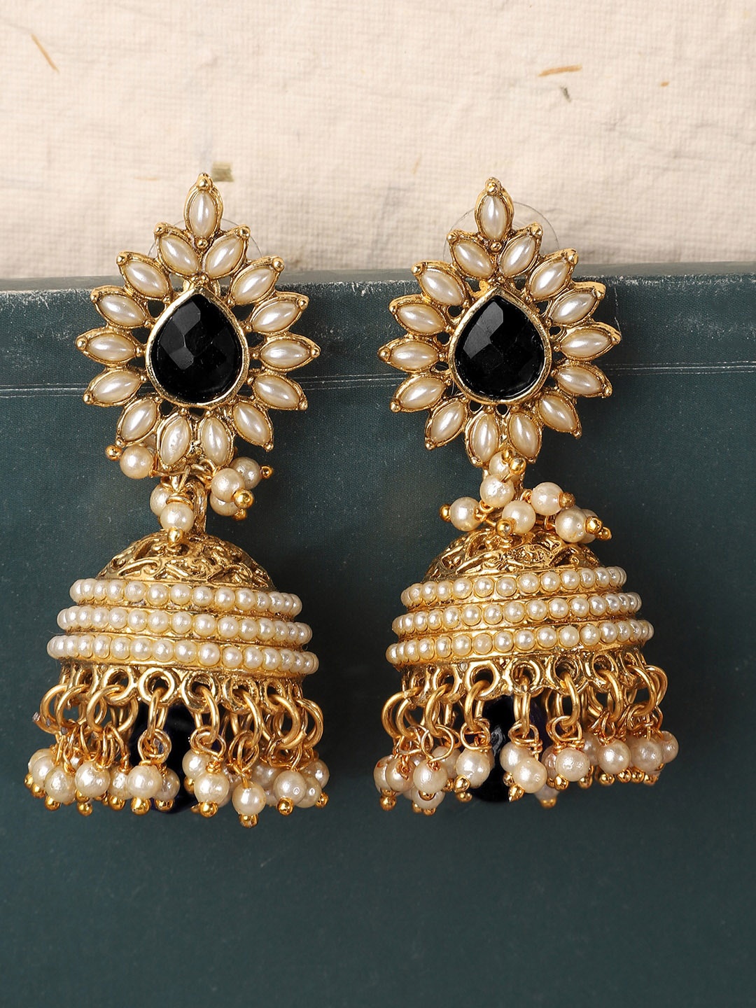 

ANIKAS CREATION Gold-Plated & Black Stone & Pearl Contemporary Jhumkas Earrings