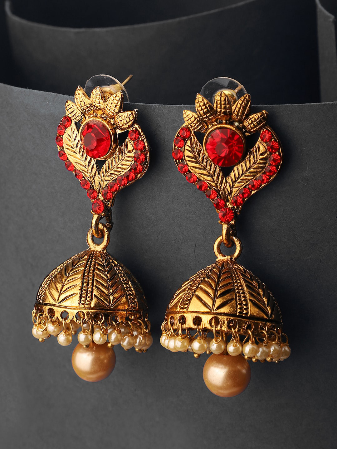 

ANIKAS CREATION Red & Gold Plated Contemporary Jhumkas Earrings