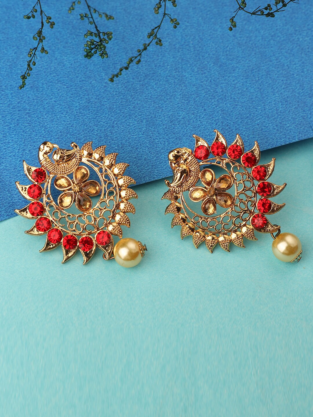 

ANIKAS CREATION Red & Gold Plated Peacock Shaped Chandbalis Earrings