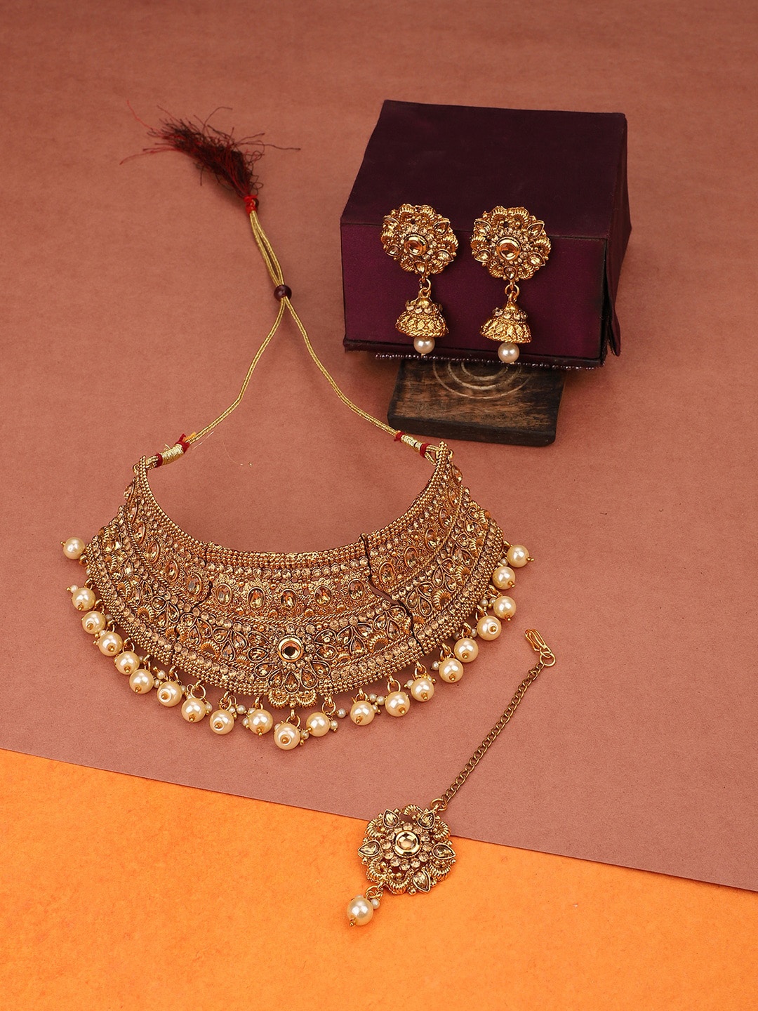 

ANIKAS CREATION Gold-Plated Stone-Studded & Beaded Jewellery Set