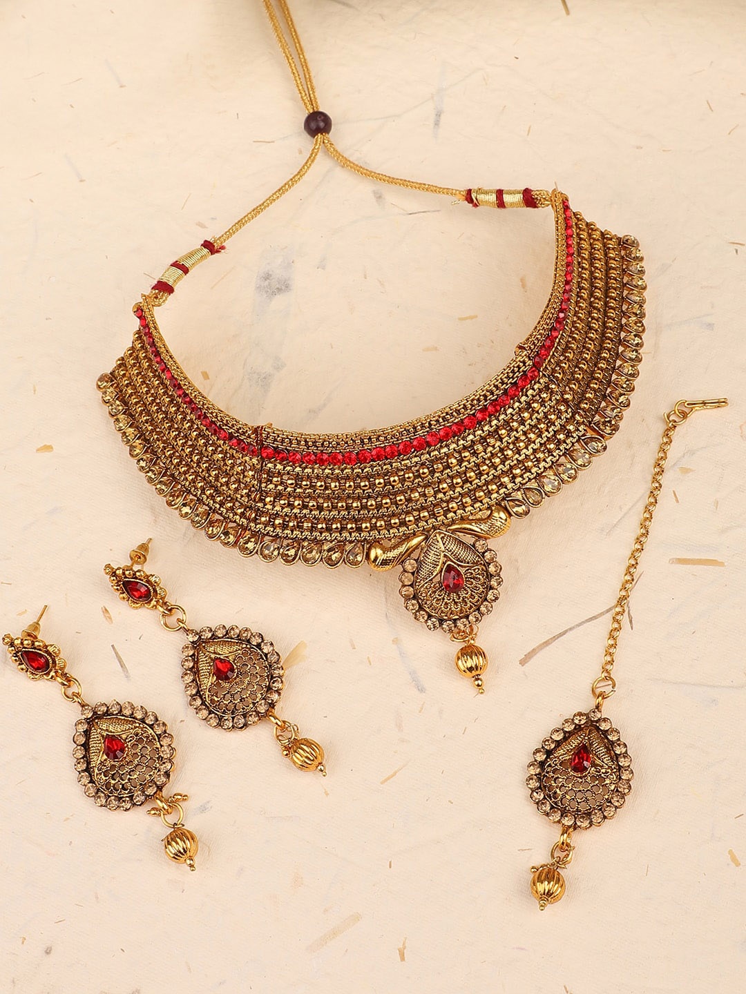 

ANIKAS CREATION Gold-Plated Red Stone-Studded Choker Jewellery Set