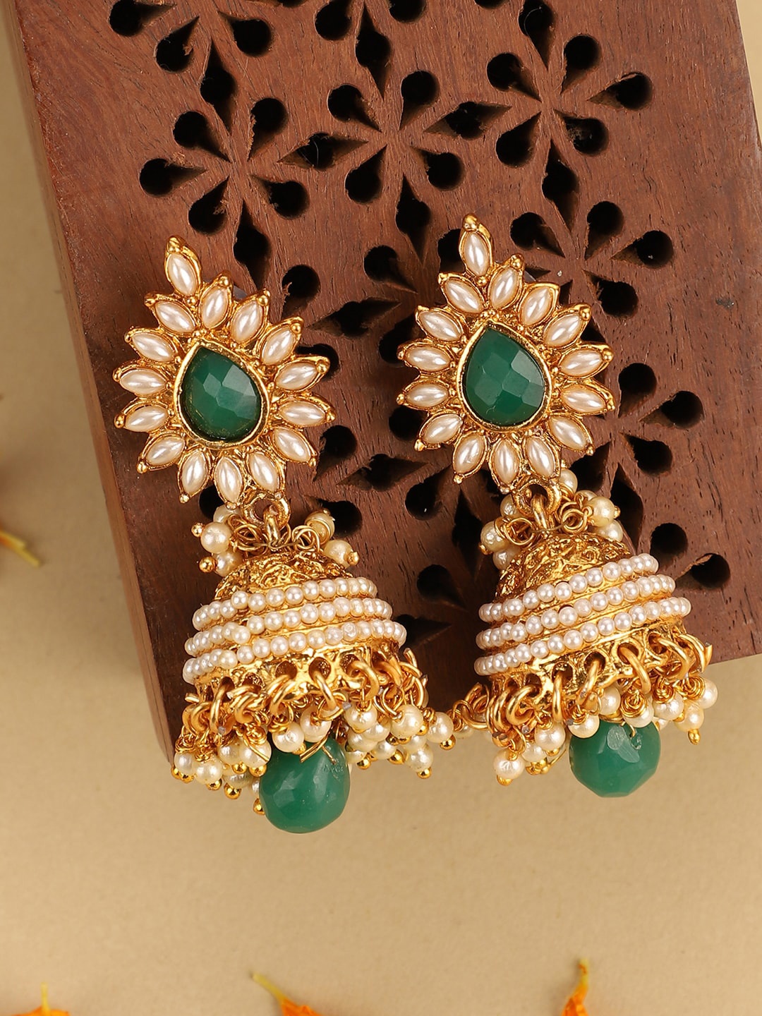 

ANIKAS CREATION Green & Gold Plated Contemporary Jhumkas Earrings