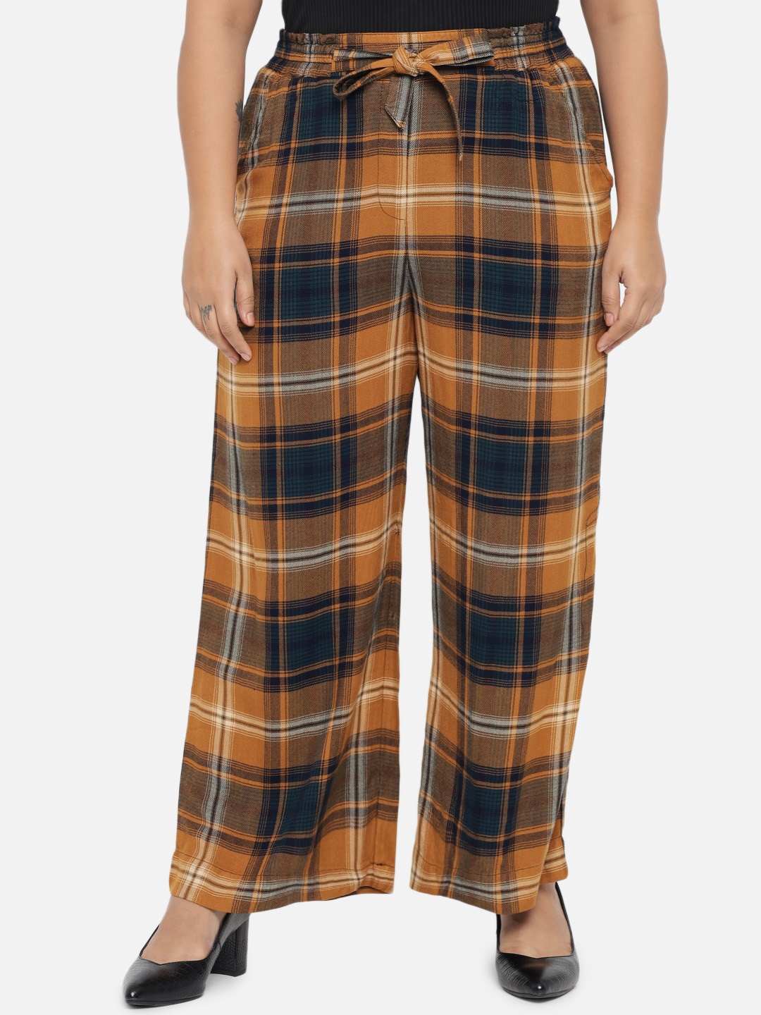 

Amydus Women Plus Size Yellow Checked Trousers