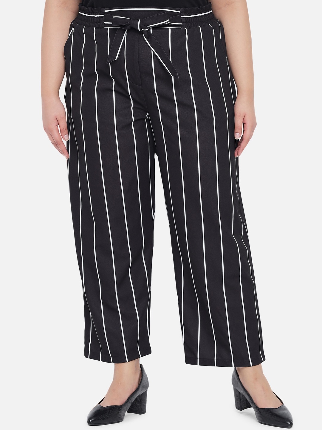 

Amydus Women Plus Size Black & White Striped Mid-Rise Parallel Trousers
