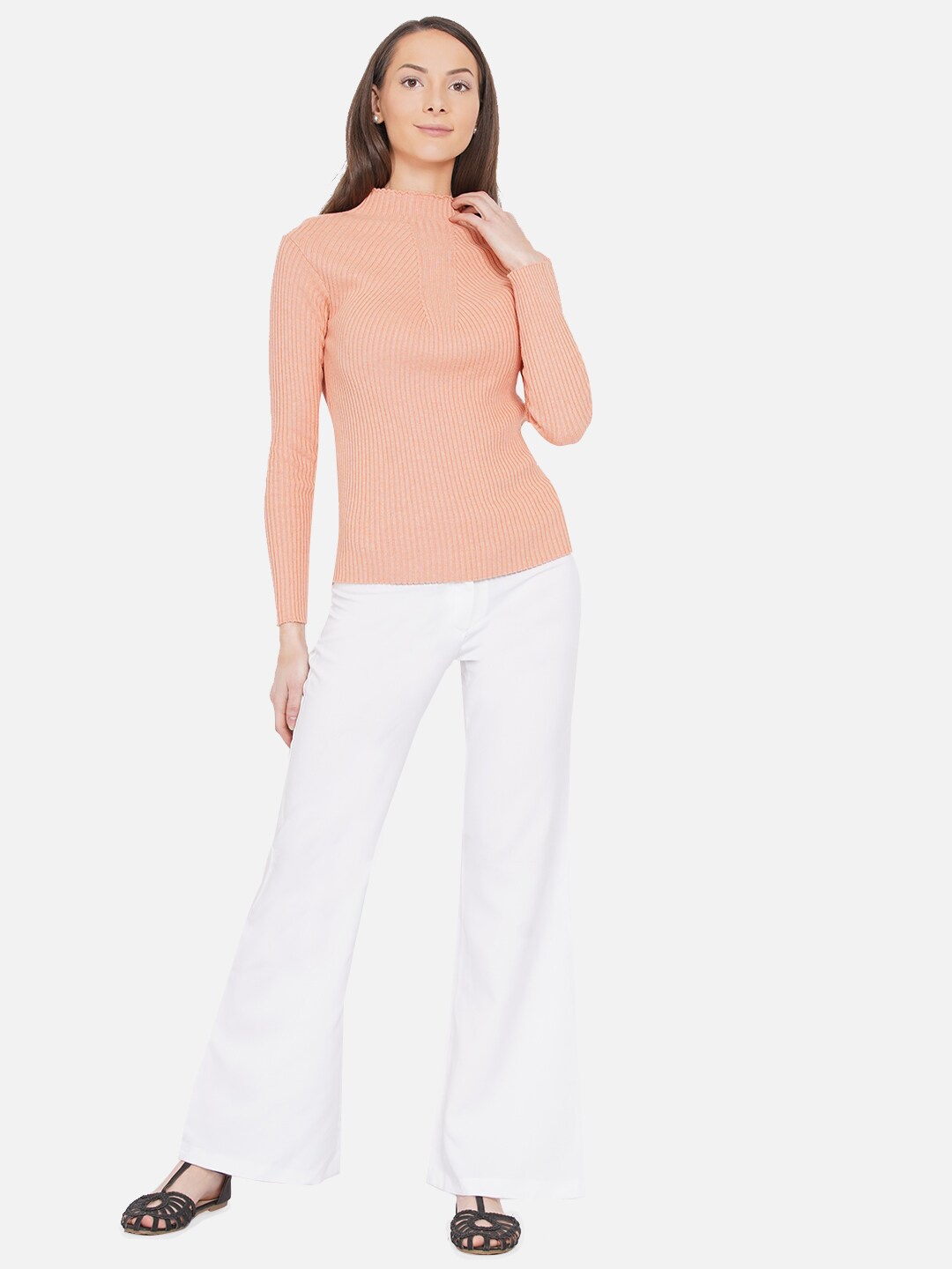 

ARMISTO Women Peach-Coloured Ribbed High Neck Pullover