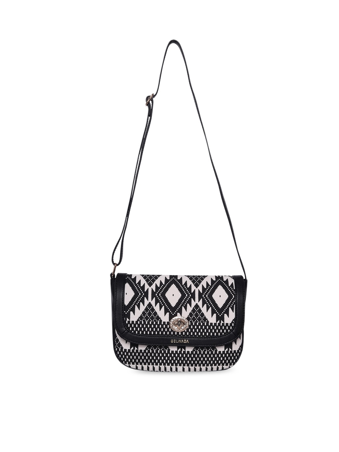 

Belwaba Black Geometric Printed Structured Sling Bag