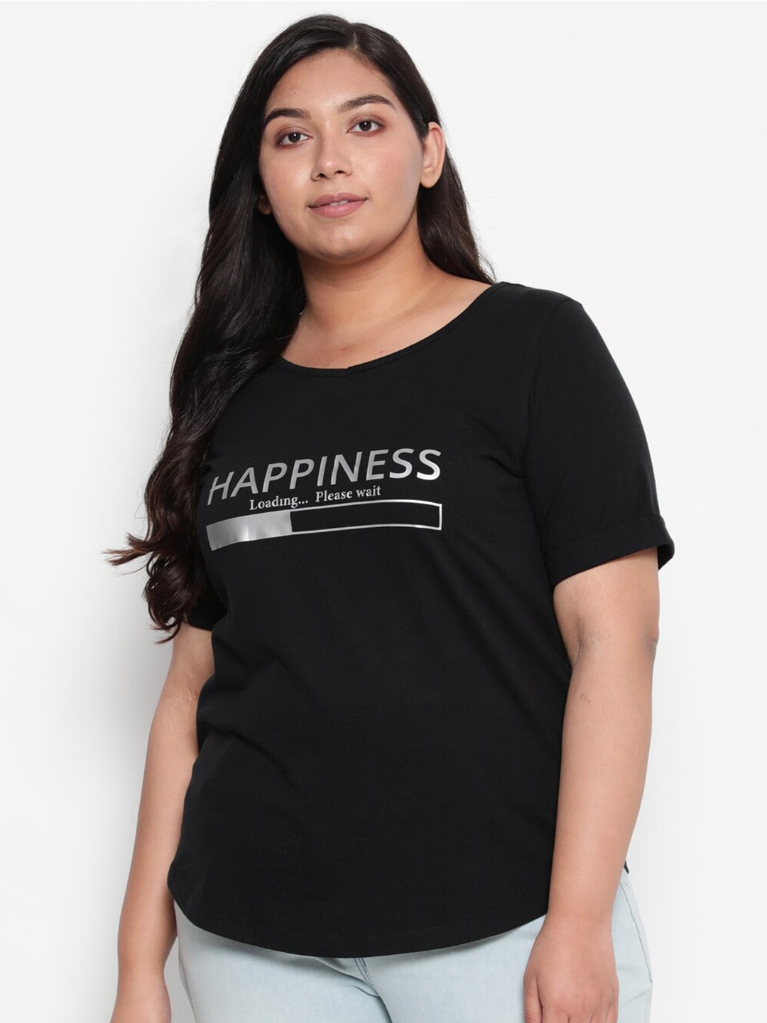

Amydus Women Plus Size Black Typography Printed T-shirt