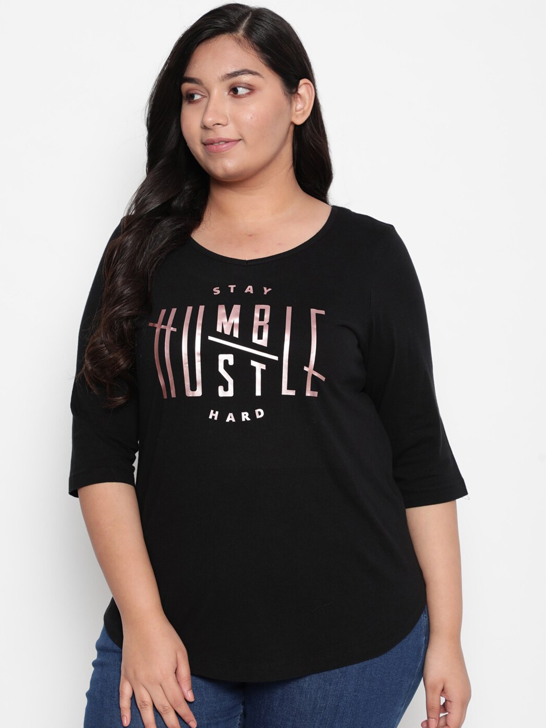 

Amydus Women Plus Size Black & Golden Typography Printed T-shirt