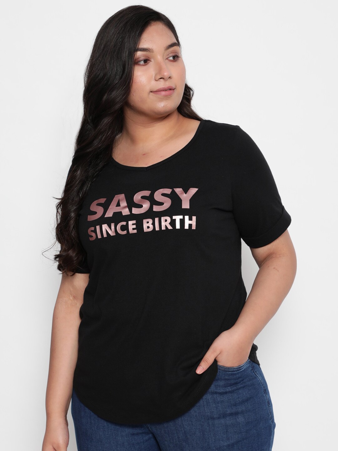 

Amydus Women Plus Size Black & Pink Typography Printed V-Neck Cotton T-shirt