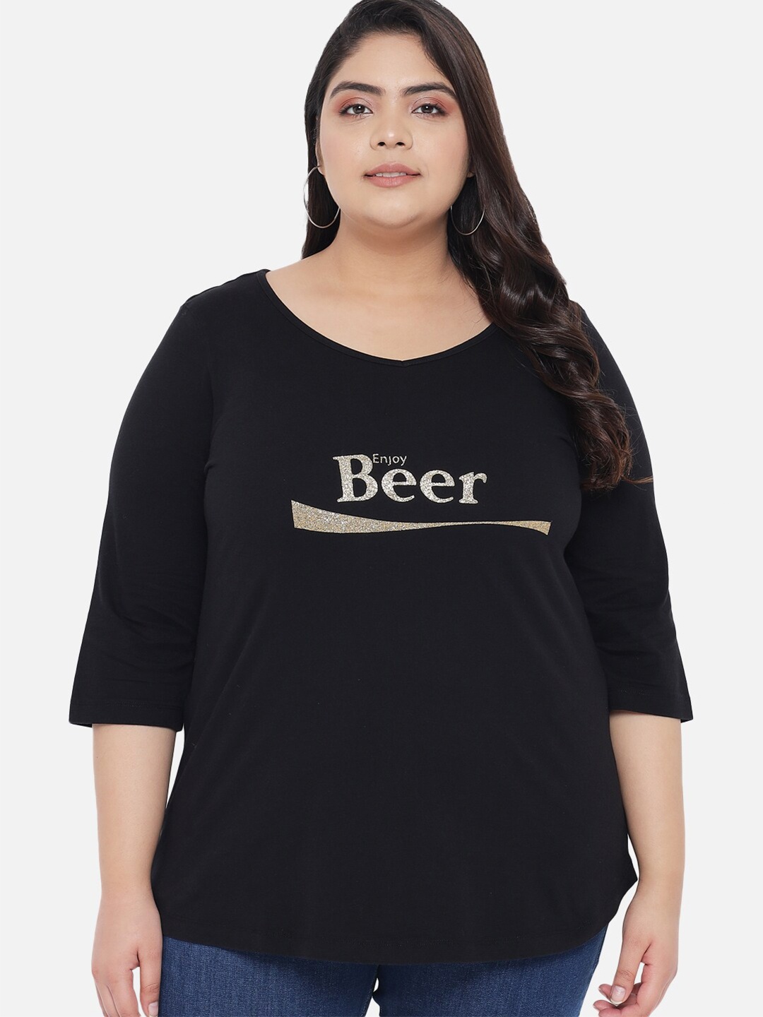 

Amydus Women Plus Size Black & Golden Typography Printed T-shirt
