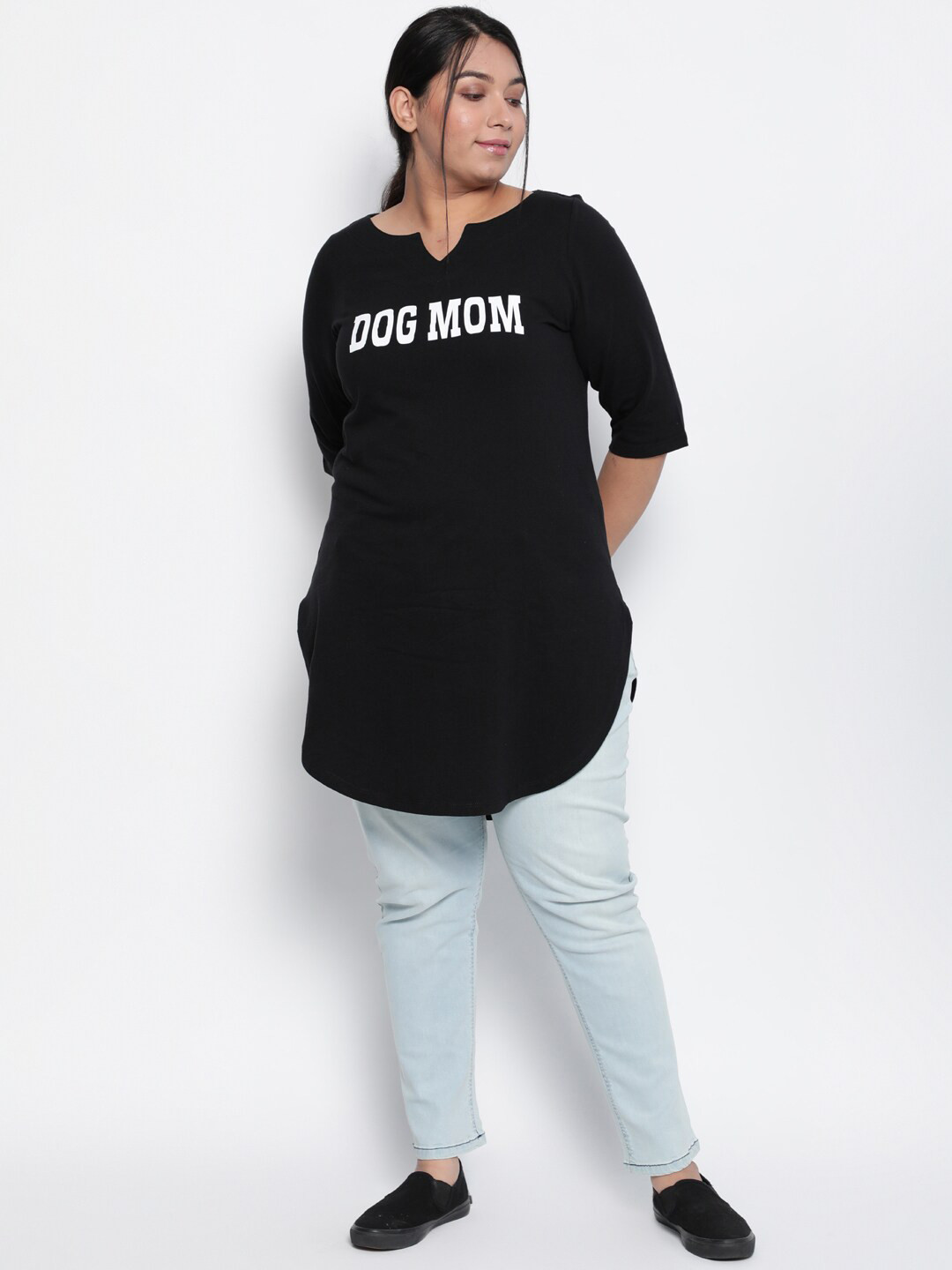 

Amydus Women Plus Size Black & White Typography Printed T-shirt