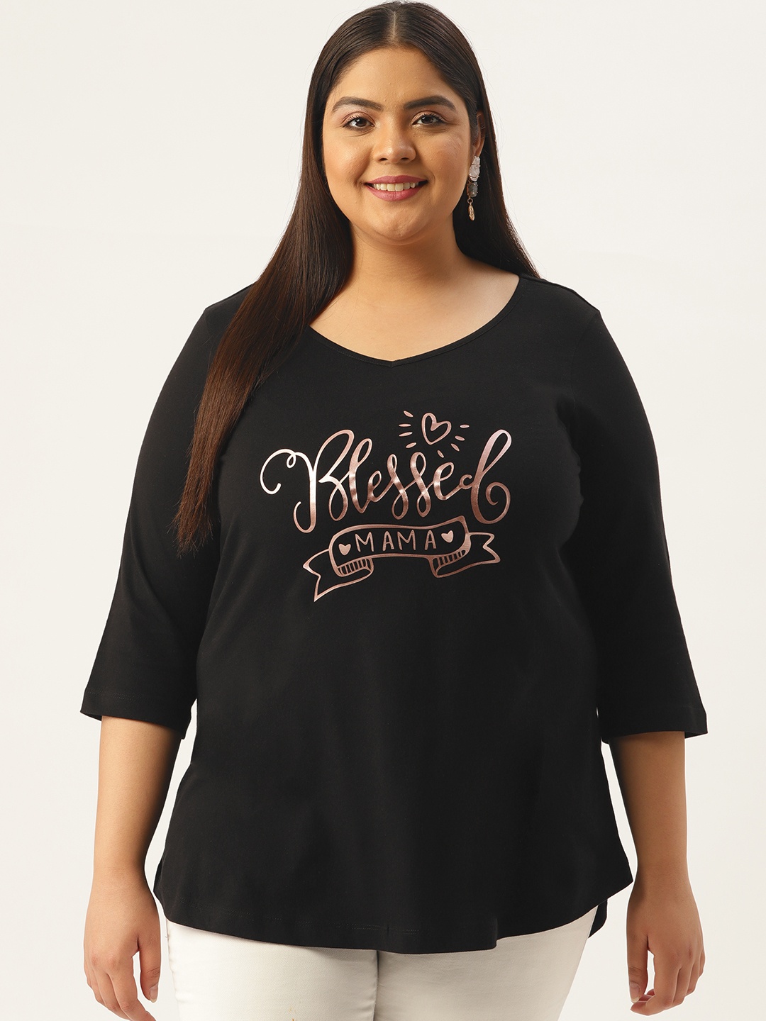 

Amydus Women Black & Pink Typography Printed Plus Size Cotton T-shirt
