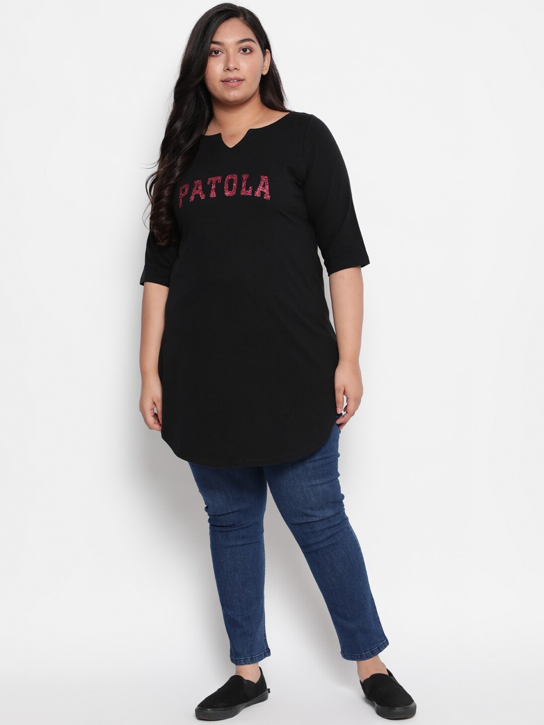 Amydus Women Plus Size Black Typography Printed Cotton T-shirt